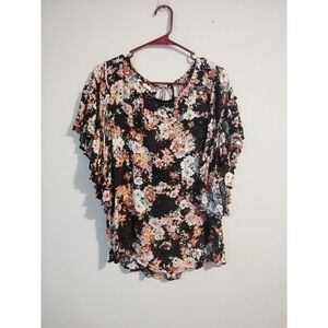 Maurice's Women Floral Flutter Sleeve Blouse Multi Color Open Tie Back Large